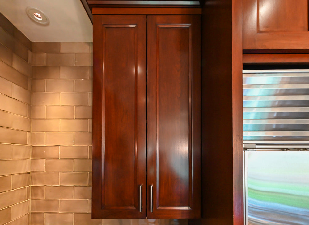 Stylish Dark Wooden Transitional Kitchen with Appliances & Island