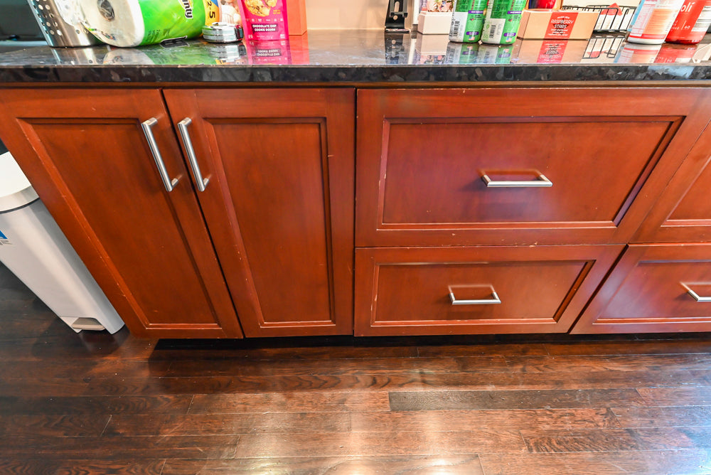 Stylish Dark Wooden Transitional Kitchen with Appliances & Island