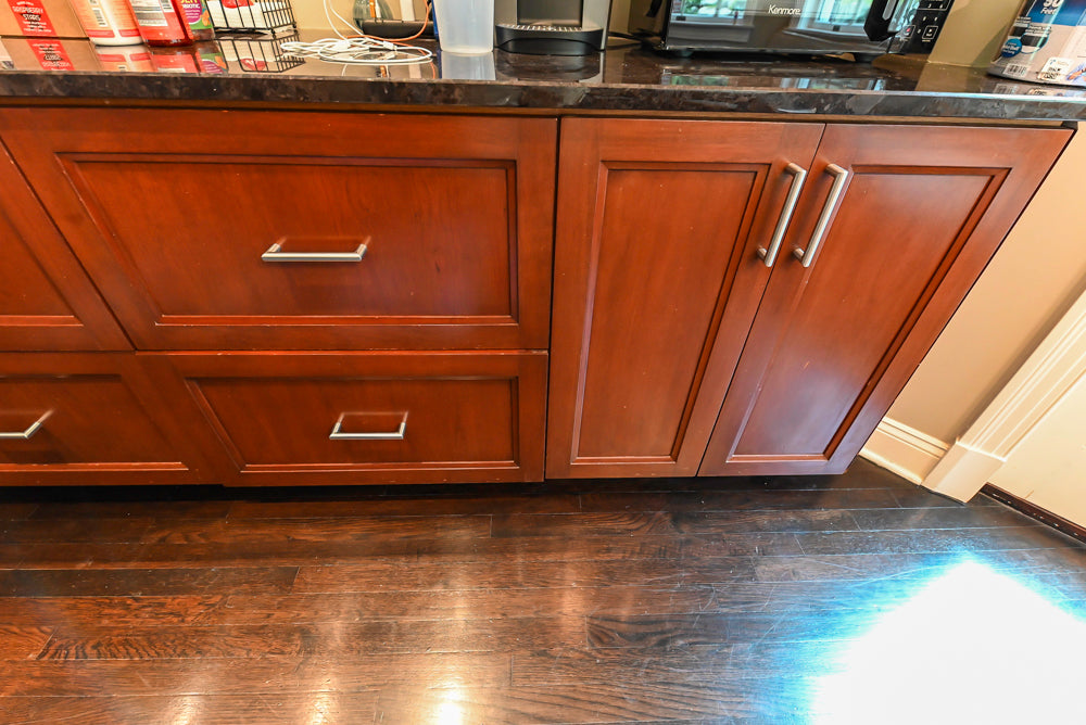 Stylish Dark Wooden Transitional Kitchen with Appliances & Island
