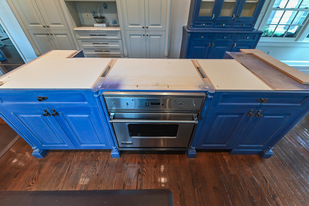 Traditional White Pre-Owned Kitchen with Blue Island and Appliances