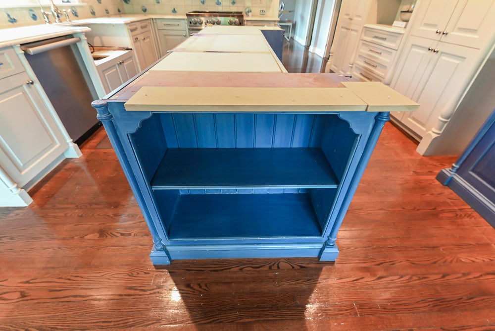 Traditional White Pre-Owned Kitchen with Blue Island and Appliances