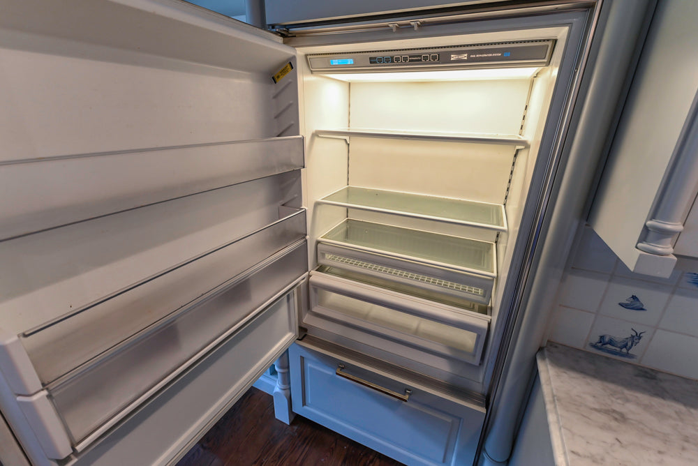 Traditional White Kitchen with Blue Island & Appliances