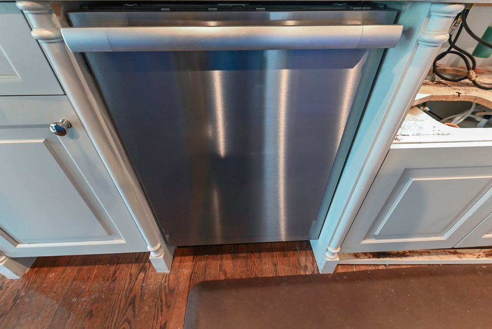 Traditional White Kitchen with Blue Island & Appliances