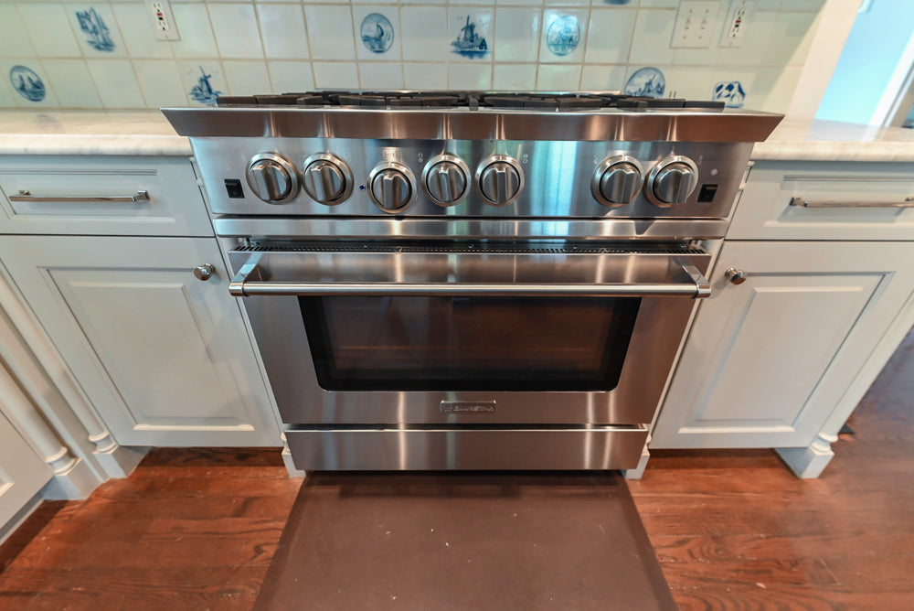 Traditional White Kitchen with Blue Island & Appliances