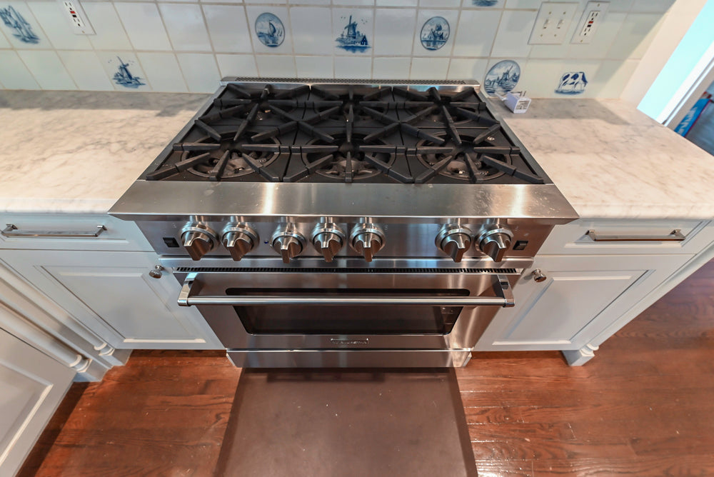 Traditional White Kitchen with Blue Island & Appliances