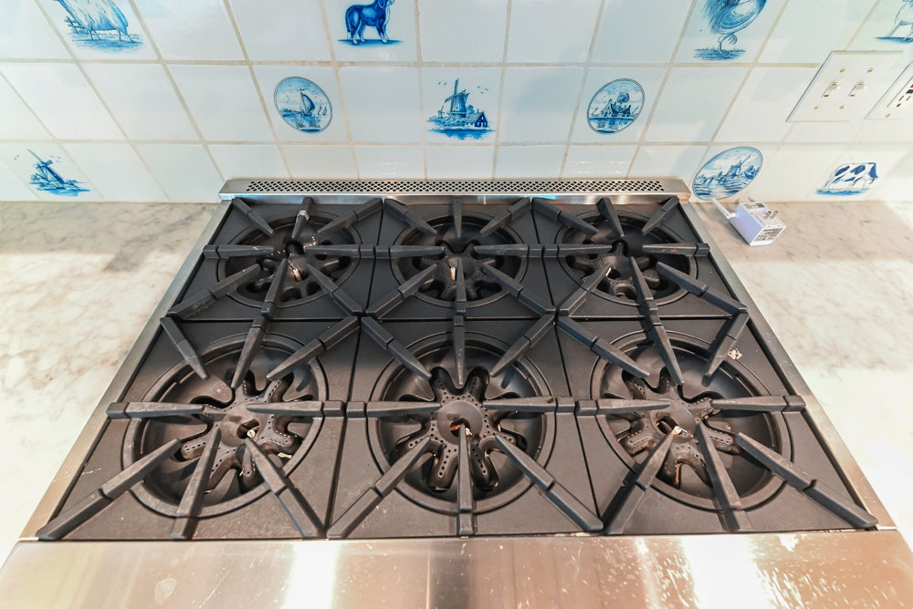 Traditional White Kitchen with Blue Island & Appliances