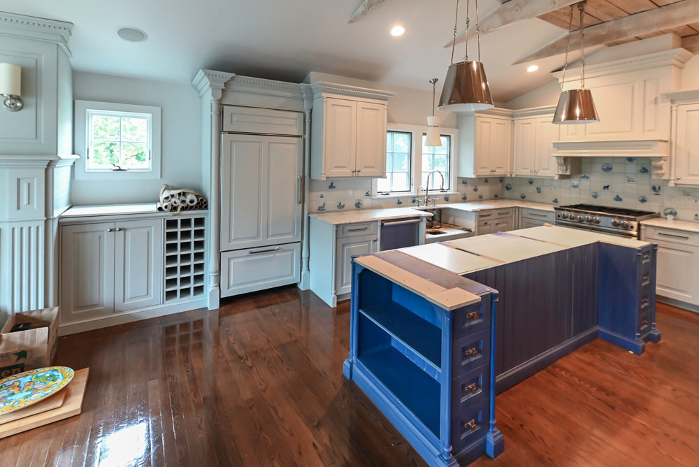 Traditional White Pre-Owned Kitchen with Blue Island and Appliances
