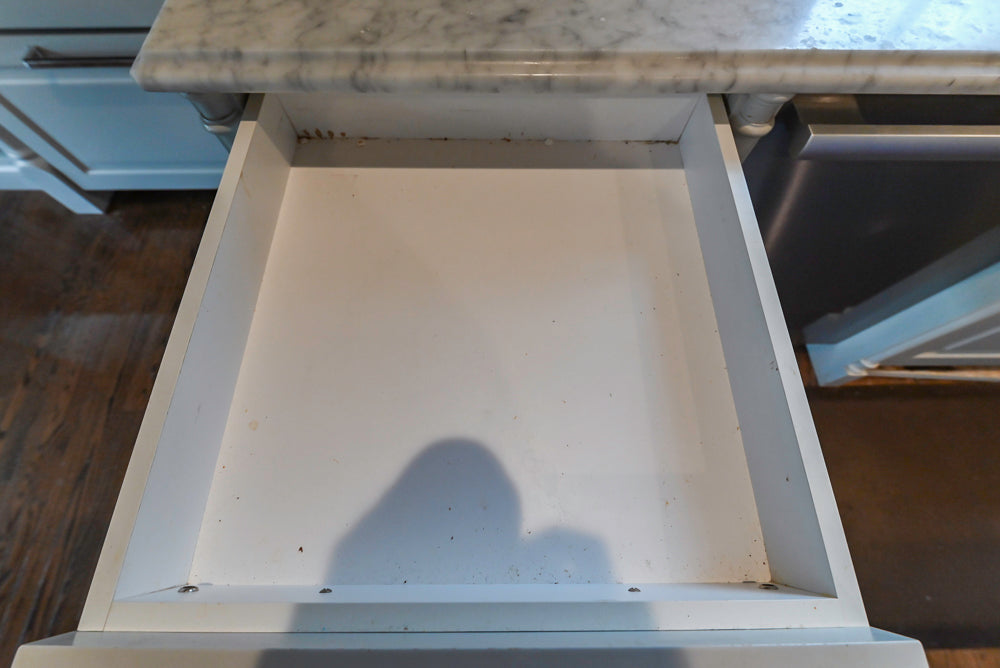 Traditional White Kitchen with Blue Island & Appliances