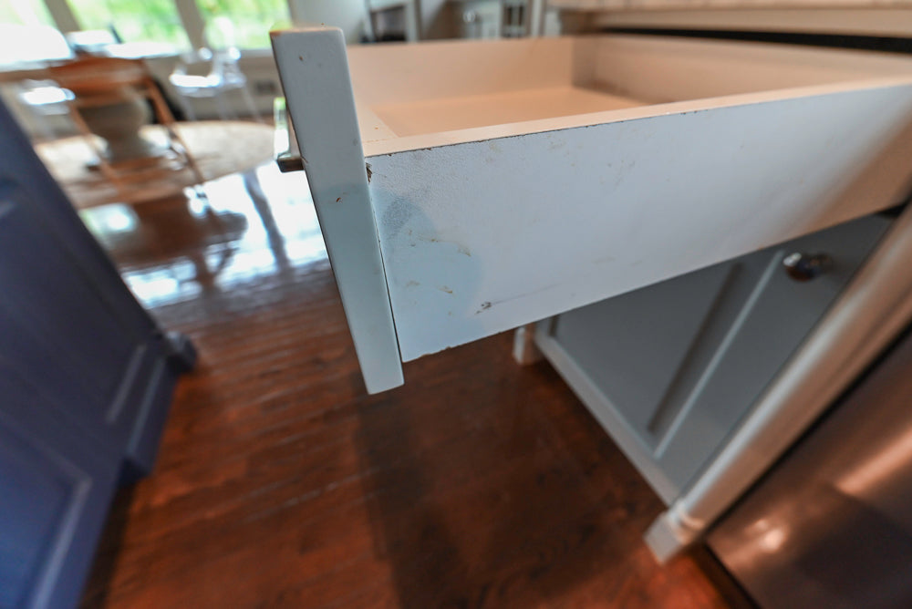 Traditional White Kitchen with Blue Island & Appliances
