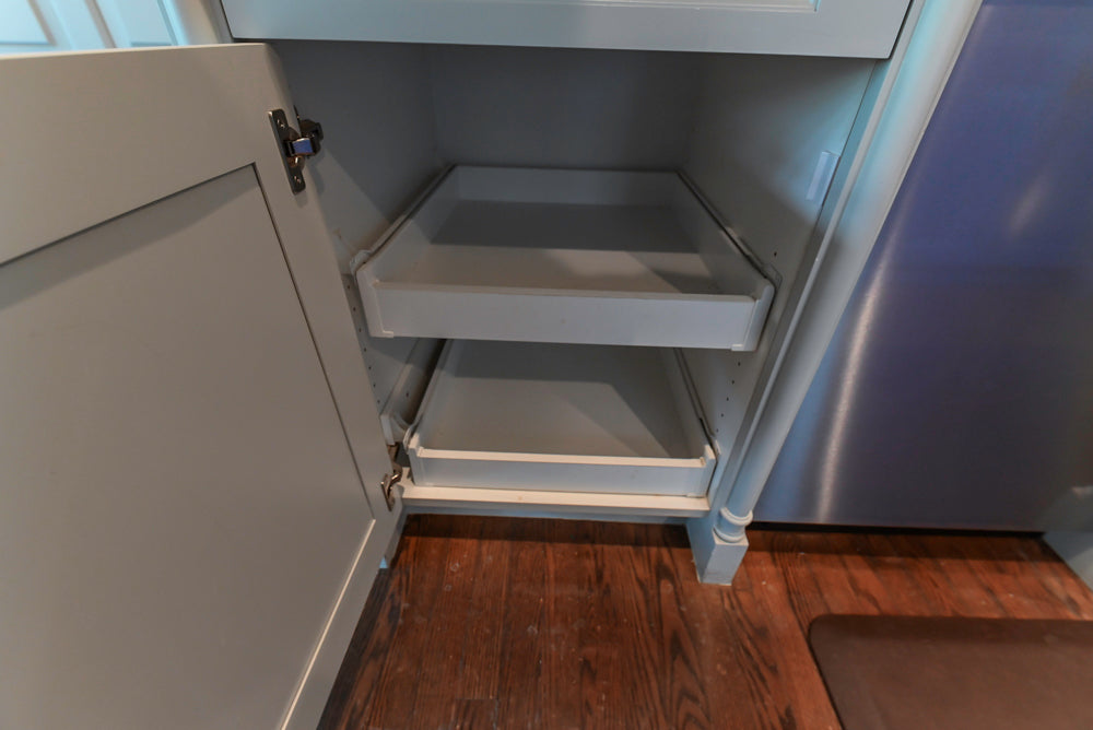 Traditional White Kitchen with Blue Island & Appliances