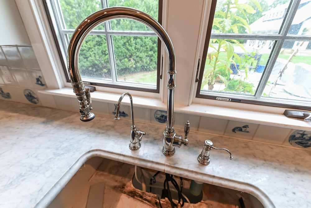 Traditional White Kitchen with Blue Island & Appliances