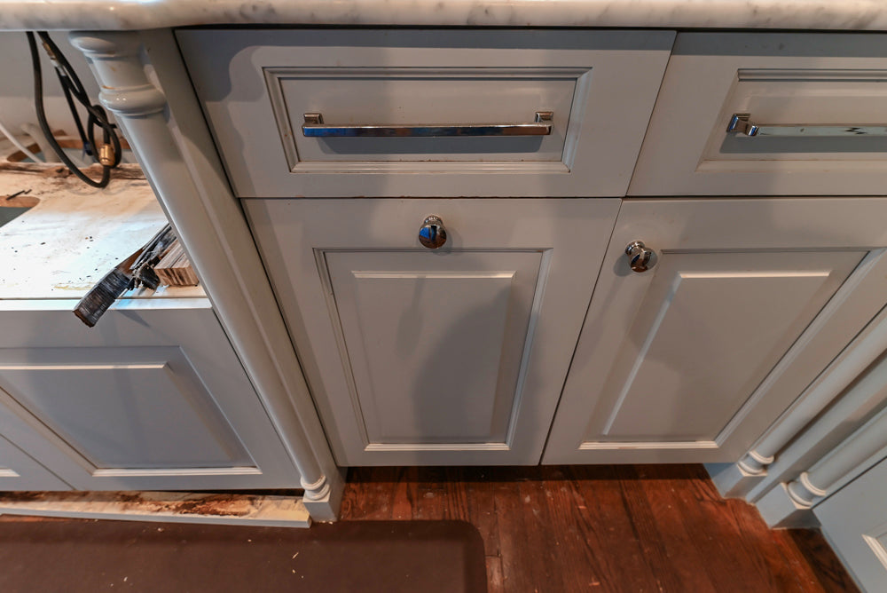 Traditional White Kitchen with Blue Island & Appliances