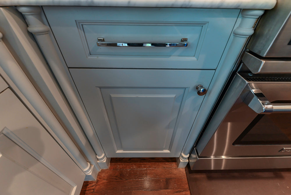 Traditional White Kitchen with Blue Island & Appliances