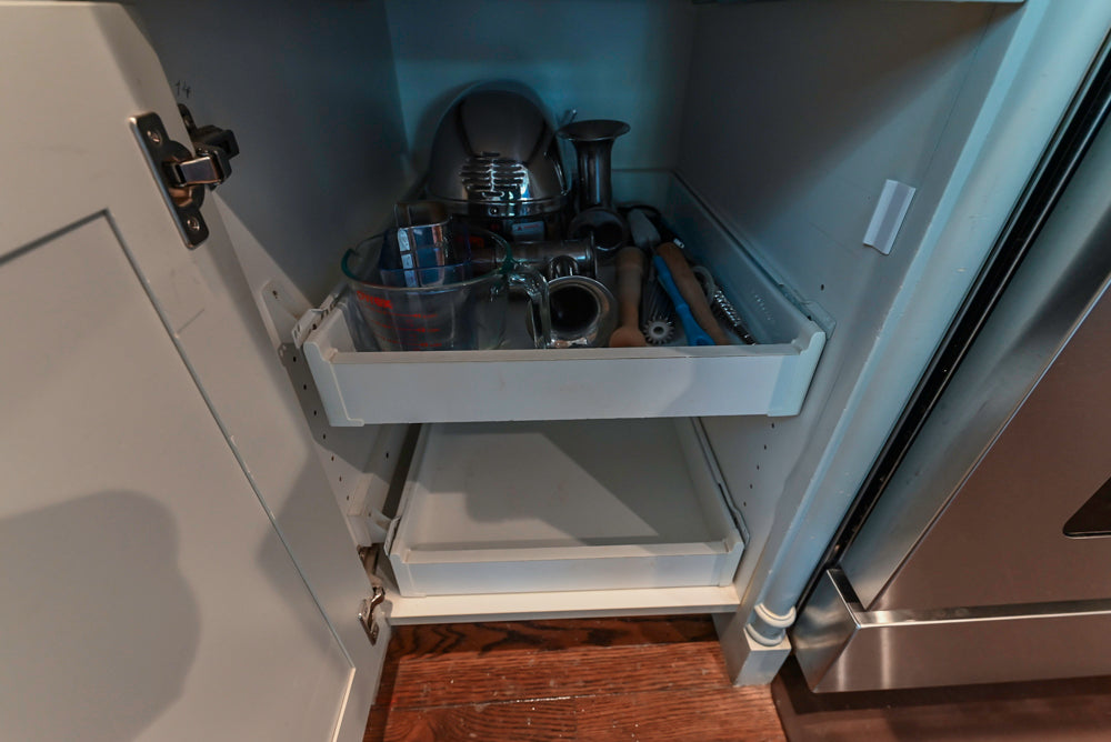 Traditional White Kitchen with Blue Island & Appliances
