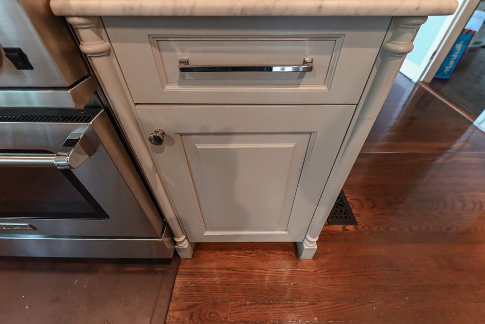 Traditional White Kitchen with Blue Island & Appliances