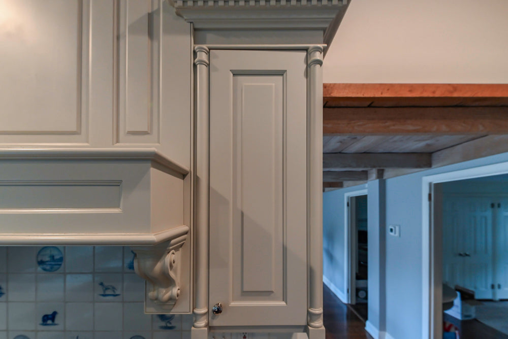Traditional White Kitchen with Blue Island & Appliances