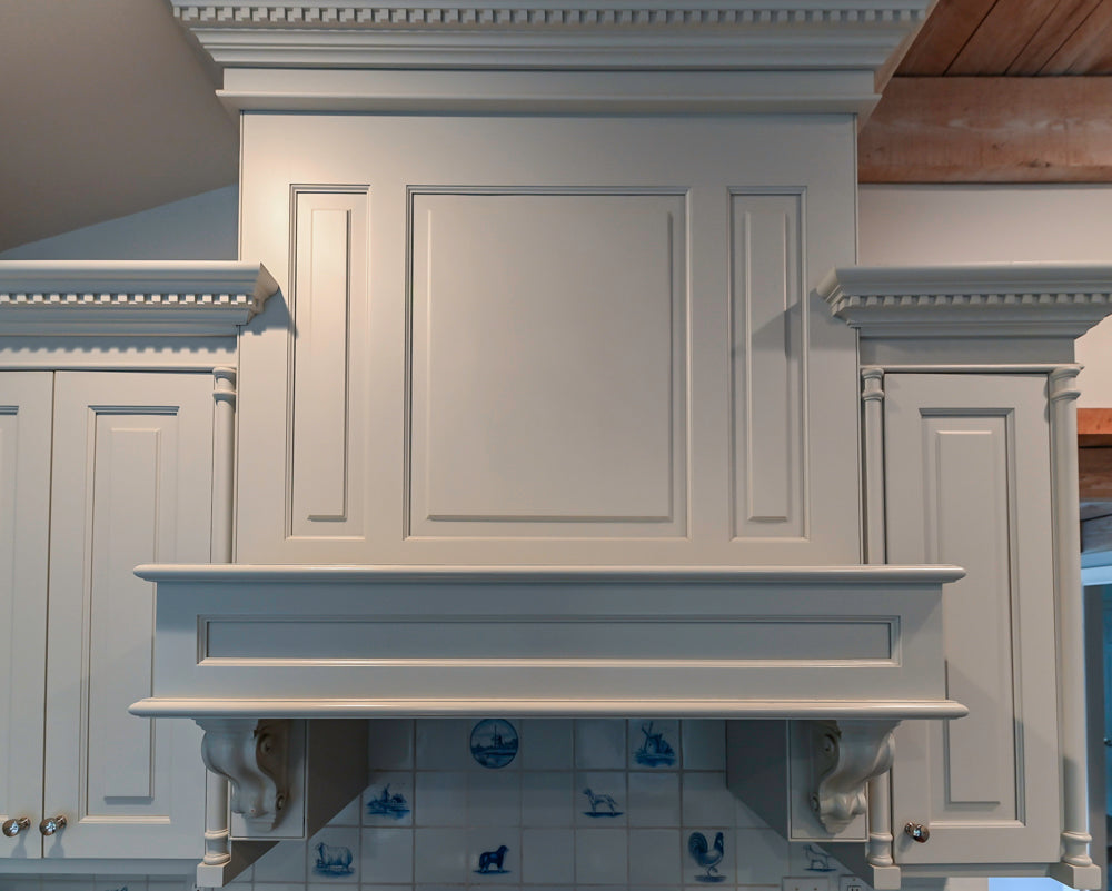 Traditional White Kitchen with Blue Island & Appliances