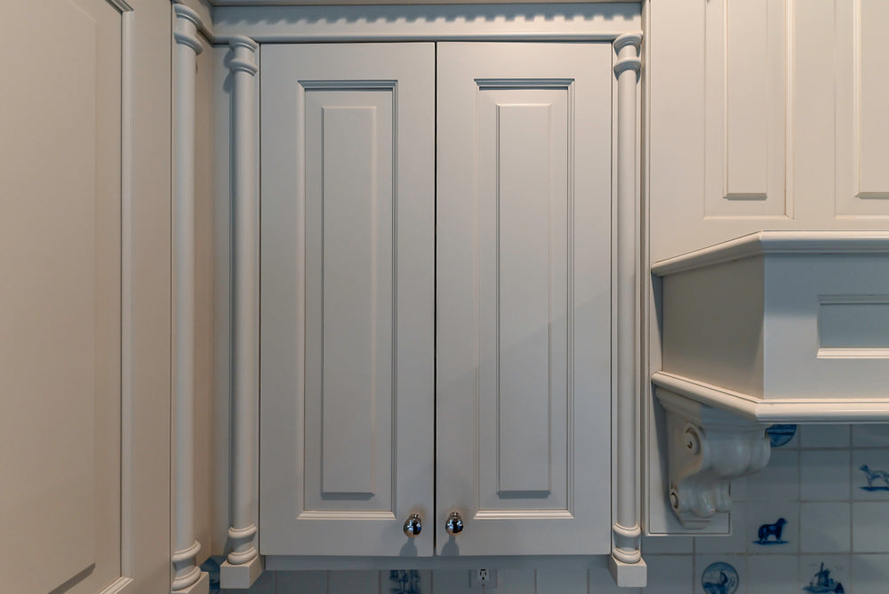 Traditional White Kitchen with Blue Island & Appliances