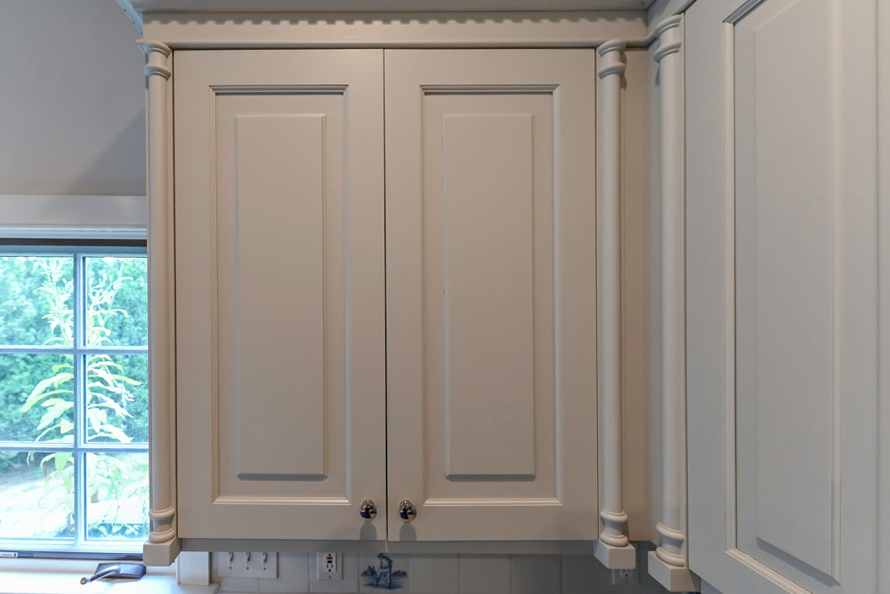 Traditional White Kitchen with Blue Island & Appliances