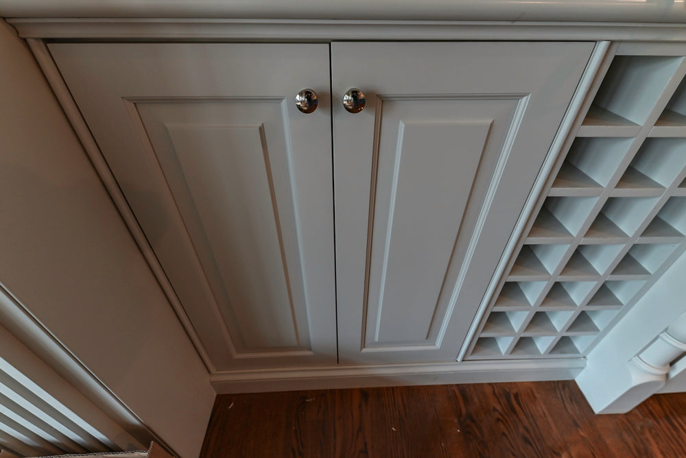 Traditional White Kitchen with Blue Island & Appliances