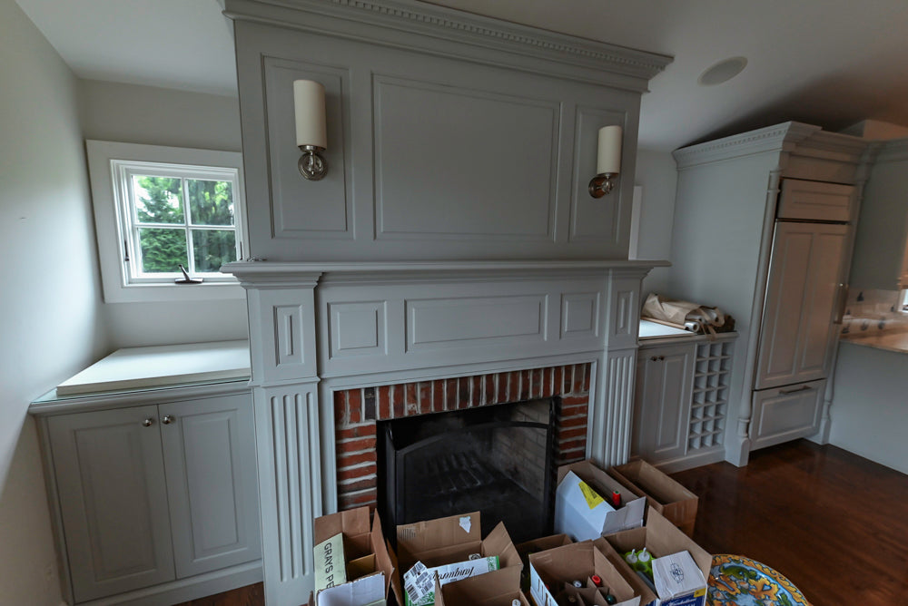 Traditional White Kitchen with Blue Island & Appliances