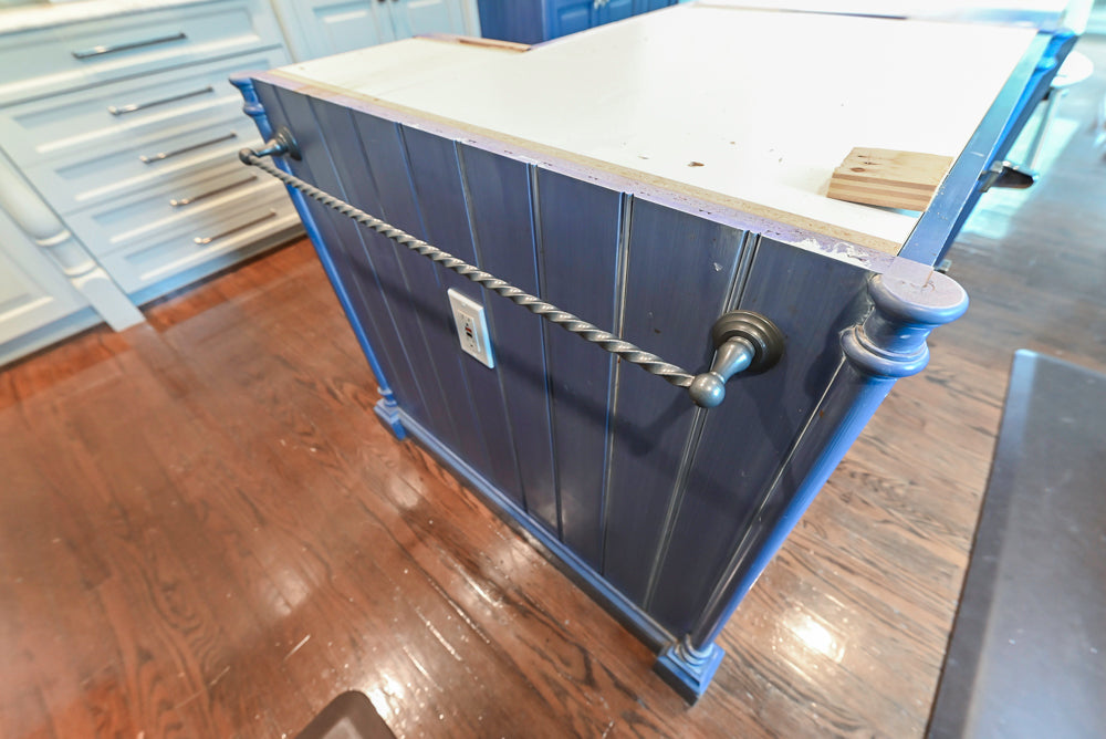 Traditional White Kitchen with Blue Island & Appliances