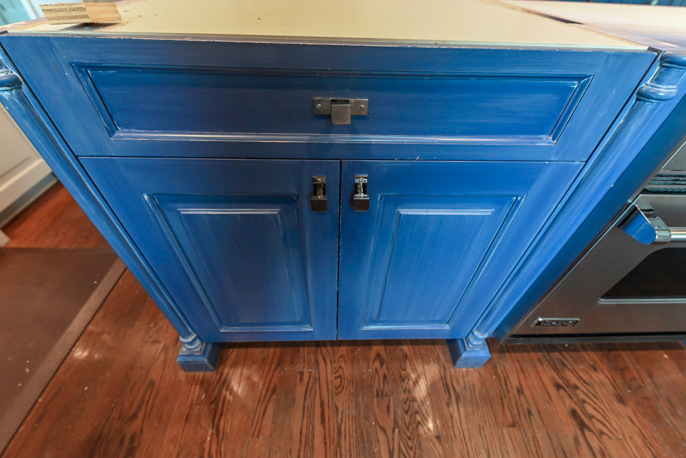 Traditional White Kitchen with Blue Island & Appliances