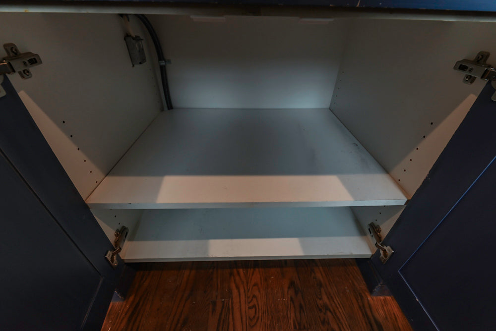 Traditional White Kitchen with Blue Island & Appliances