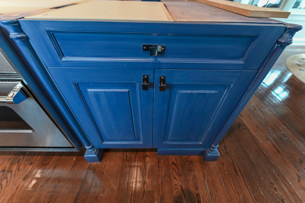 Traditional White Kitchen with Blue Island & Appliances