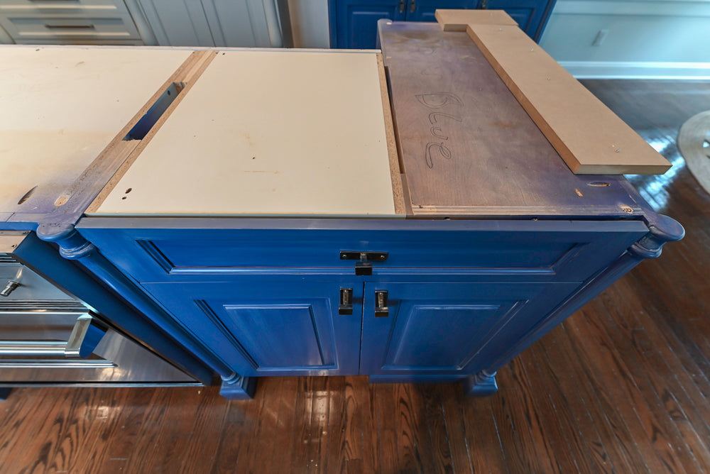 Traditional White Kitchen with Blue Island & Appliances