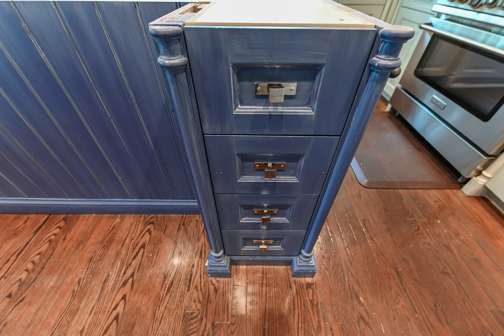 Traditional White Kitchen with Blue Island & Appliances