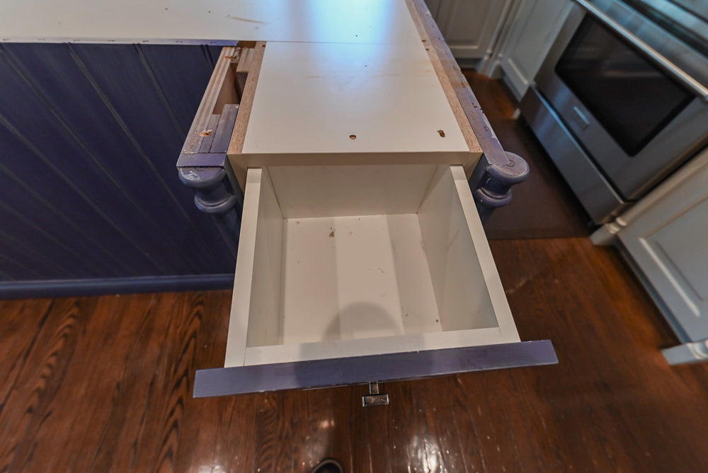 Traditional White Kitchen with Blue Island & Appliances