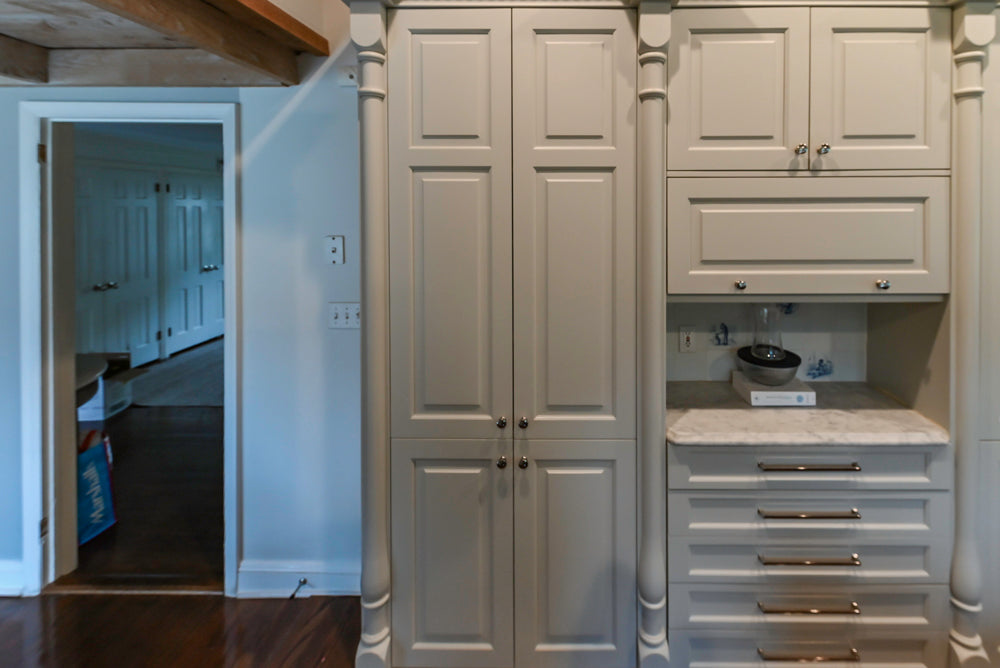 Traditional White Kitchen with Blue Island & Appliances
