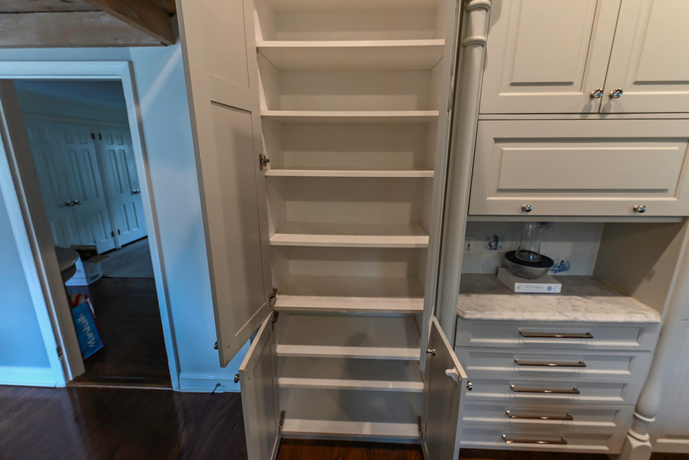 Traditional White Kitchen with Blue Island & Appliances