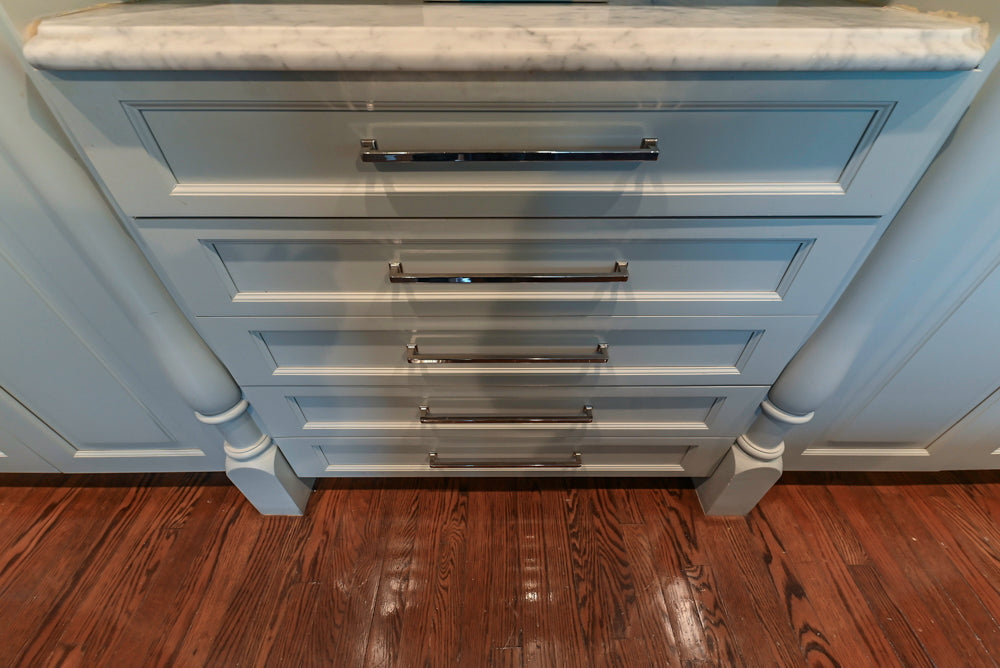 Traditional White Kitchen with Blue Island & Appliances