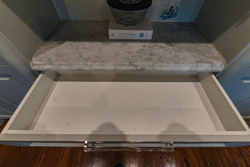 Traditional White Kitchen with Blue Island & Appliances