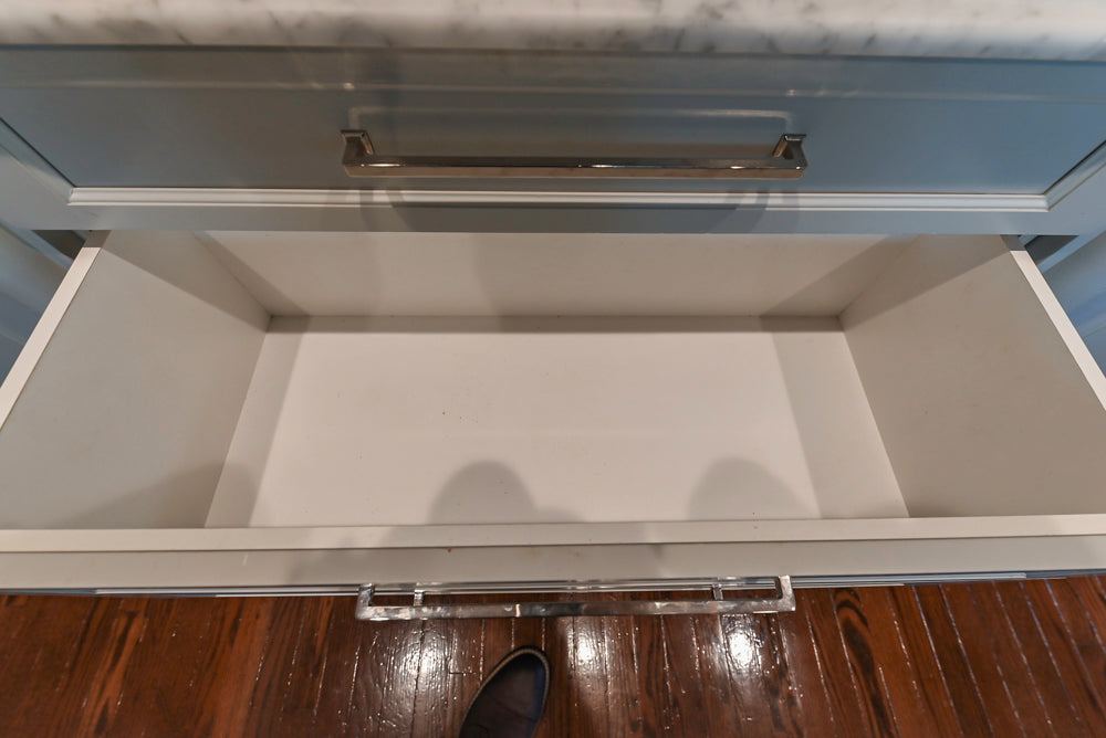 Traditional White Kitchen with Blue Island & Appliances