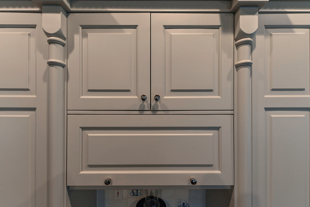 Traditional White Kitchen with Blue Island & Appliances