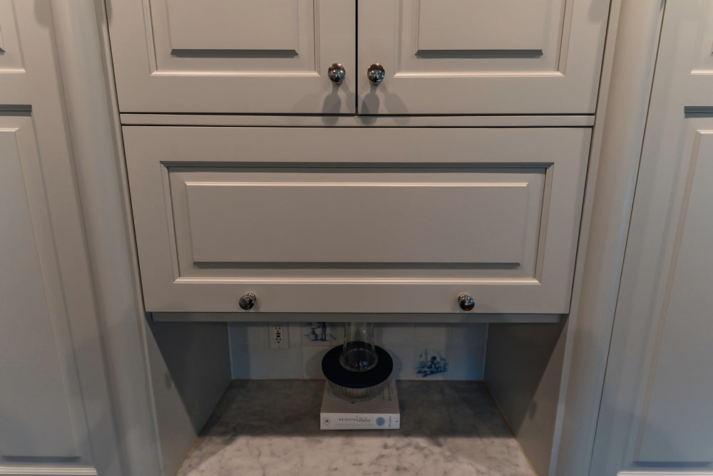 Traditional White Kitchen with Blue Island & Appliances