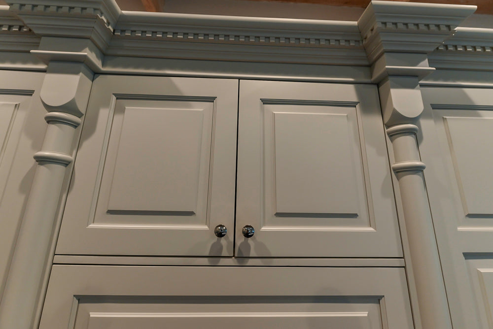 Traditional White Kitchen with Blue Island & Appliances