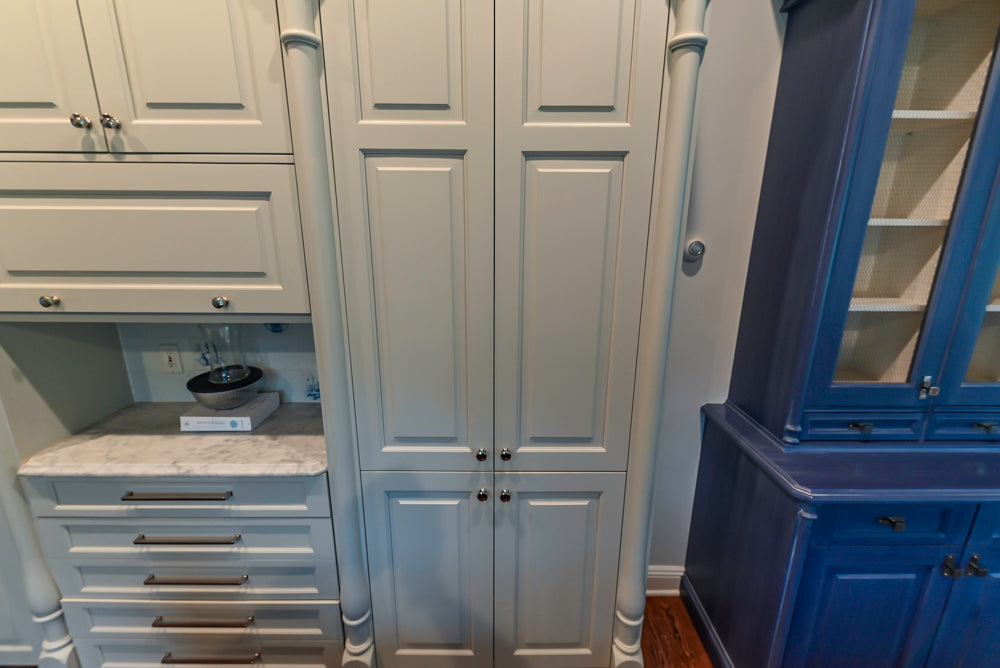 Traditional White Kitchen with Blue Island & Appliances