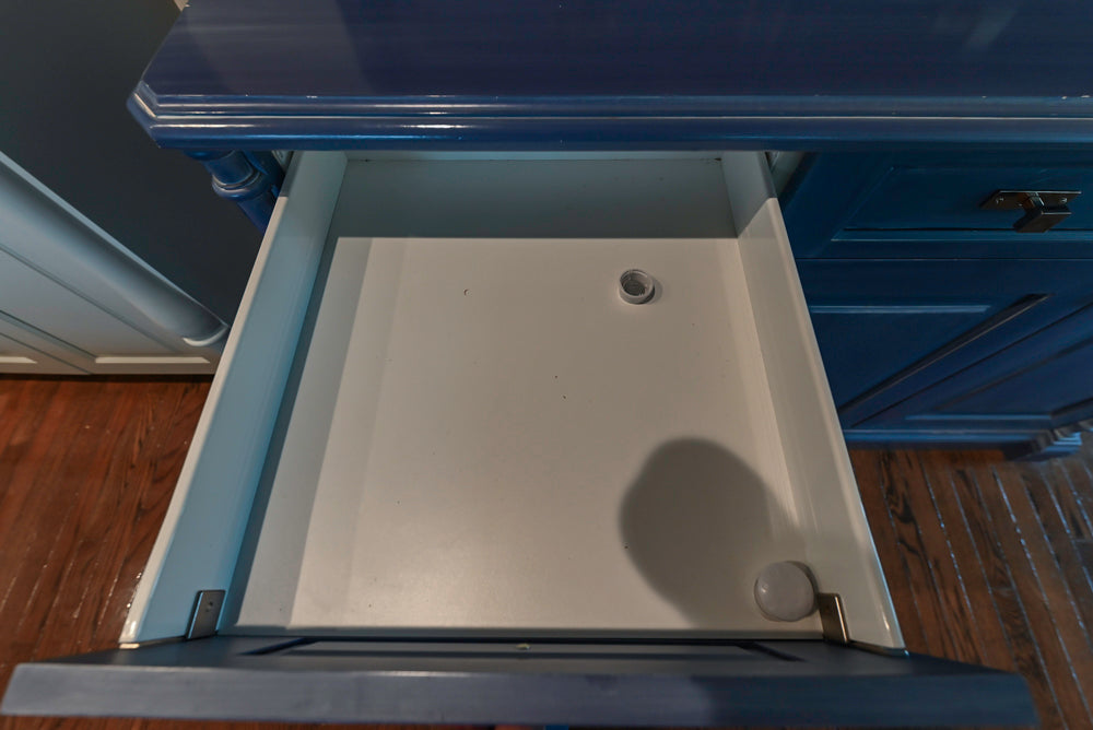 Traditional White Kitchen with Blue Island & Appliances