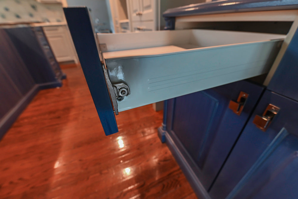 Traditional White Kitchen with Blue Island & Appliances