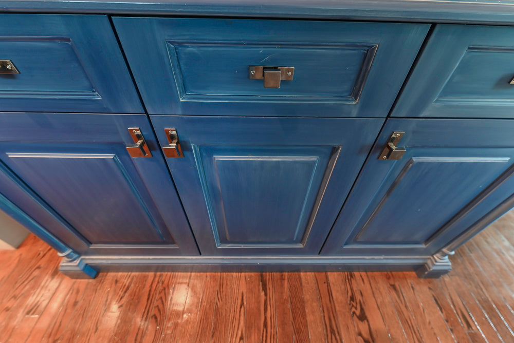 Traditional White Kitchen with Blue Island & Appliances