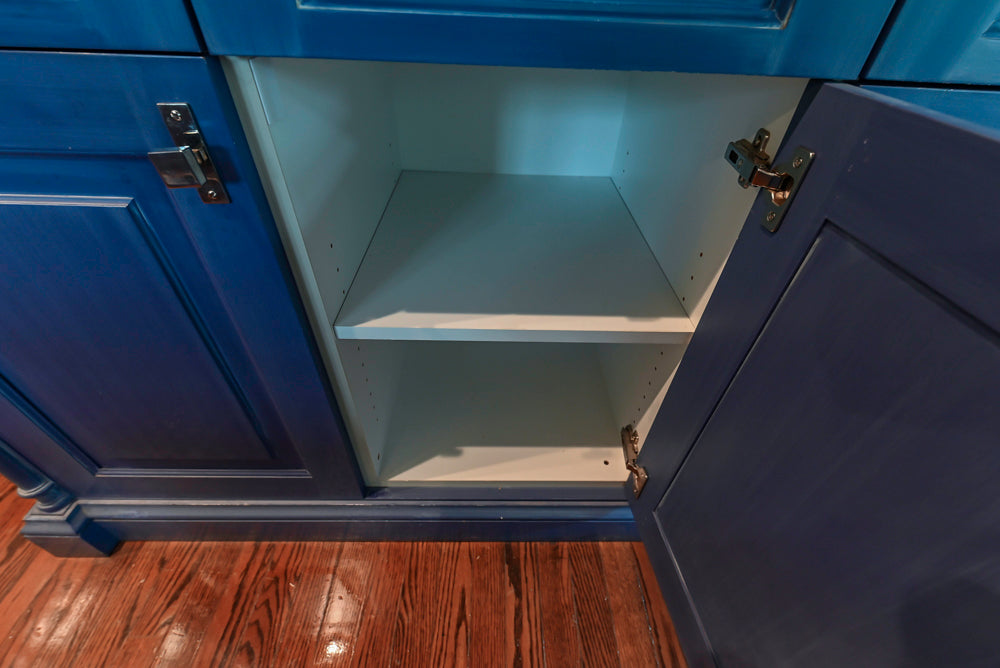 Traditional White Kitchen with Blue Island & Appliances
