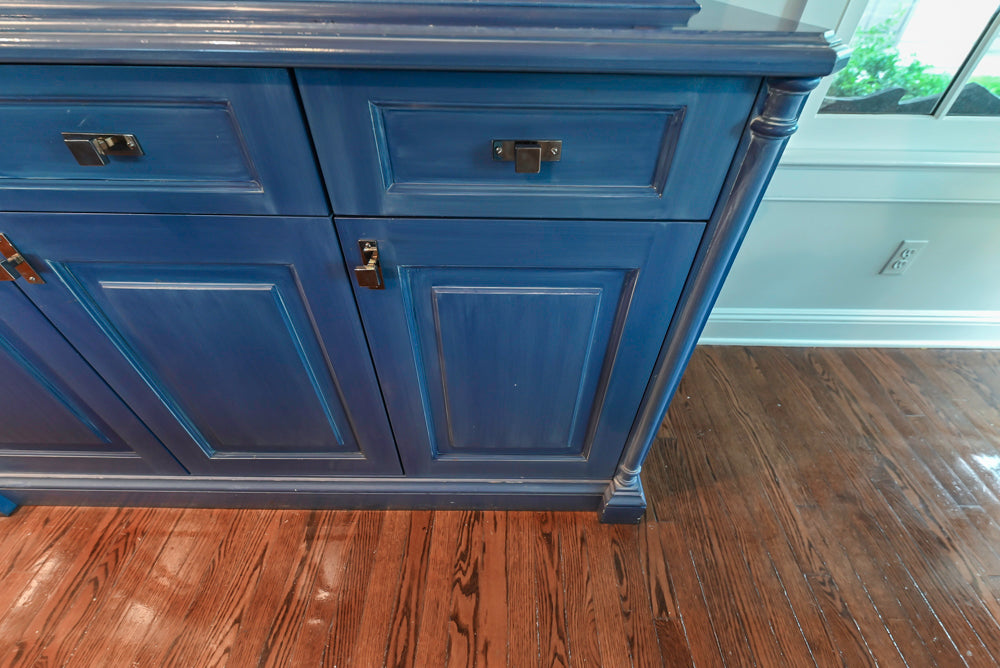 Traditional White Kitchen with Blue Island & Appliances