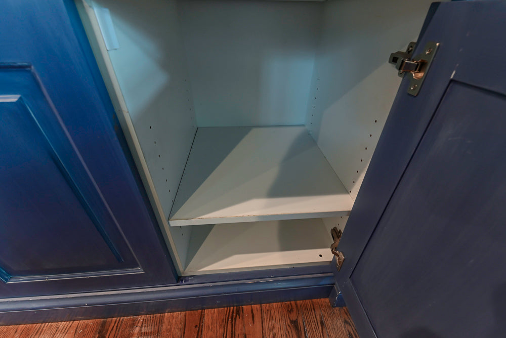 Traditional White Kitchen with Blue Island & Appliances