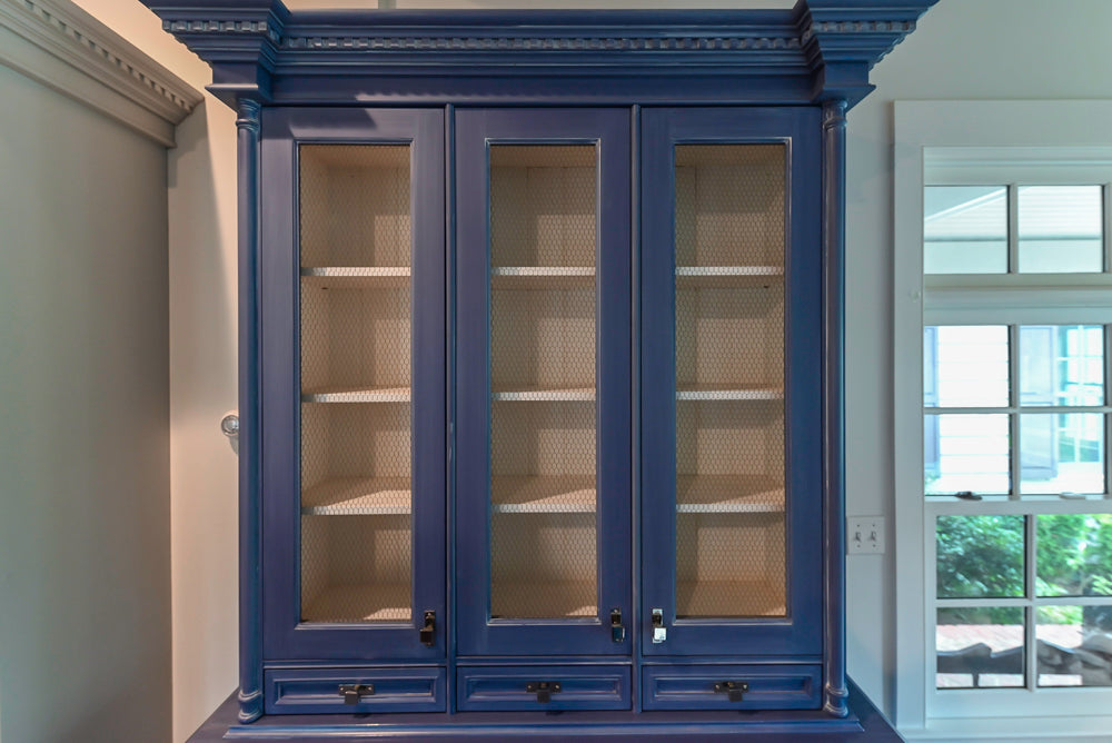 Traditional White Kitchen with Blue Island & Appliances