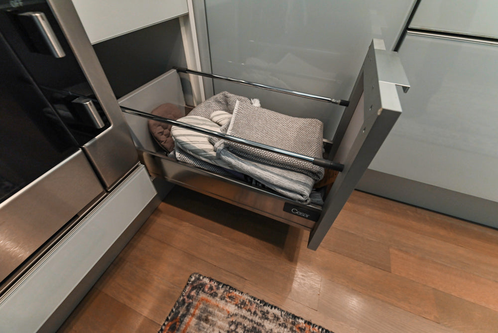 Cesar Modern Glossy White Kitchen with Black Granite Countertops & Appliances