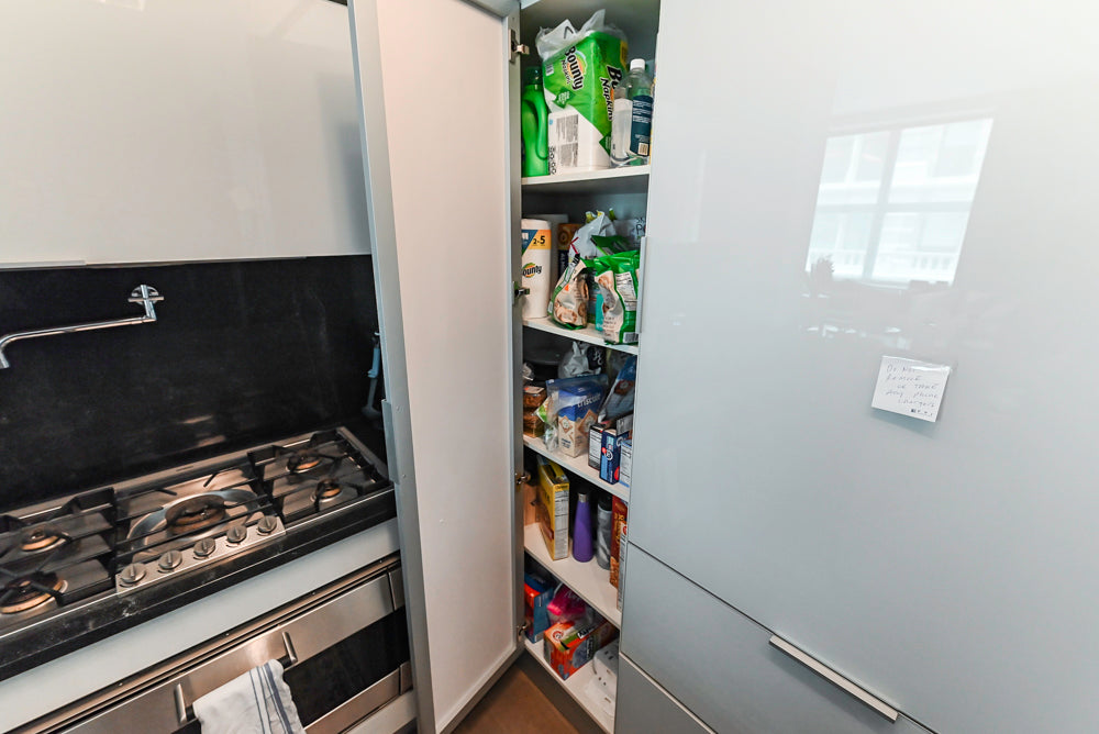 Cesar Modern Glossy White Kitchen with Black Granite Countertops & Appliances